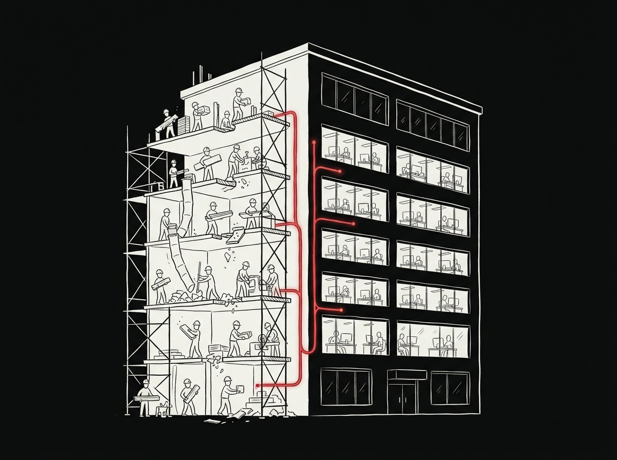 A visual metaphor of a building being renovated floor by floor while still occupied, workers and scaffolding on one half, people working normally on the other, in a clean line-illustration style.